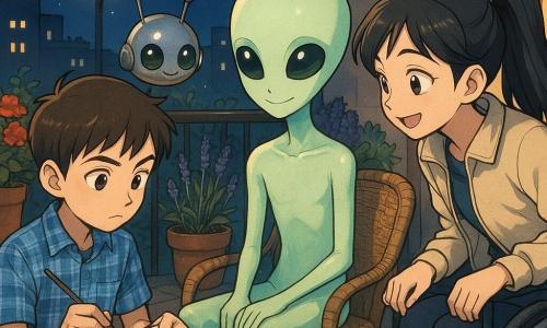 Four characters on a small urban balcony at night: Milo, an 11-year-old boy with short straight brown hair in a blue plaid shirt, seated on a small balcony chair at left, focused on sketching Quill in a drawing pad; Noor, an 11-year-old girl with black hair in a ponytail and a mischievous smile, wearing a light jacket and seated in a wheelchair at the right, leaning toward Milo and watching curiously; Quill, a child-sized alien with pale translucent green glassy skin, large shiny black eyes and a gentle smile, seated between them with hands on its knees and a faint glow; and Pip, a tiny ladybug-sized chrome translator robot with two thin antennae, floating above the table near the pad and blinking. The tiled balcony has a metal railing, crowded flower pots (red geraniums, purple lavender, green basil), a cup of lemonade on the table, a streetlamp and city lights in the background; warm yellow balcony light contrasts with the deep blue starry sky, creating a calm, intimate atmosphere.