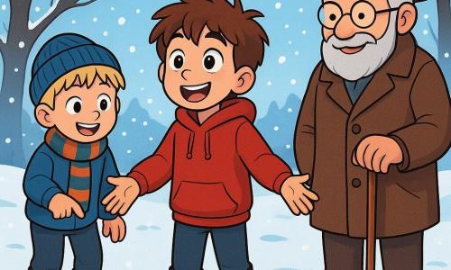 There are 3 characters: Max, a 10-year-old boy with messy brown hair and sparkling curious eyes, wearing a large red hoodie and black boots, standing in the center with arms open, amazed by the snow; Leo, a 10-year-old boy with short blonde hair and rosy cheeks, wearing a blue beanie and a striped scarf, slightly behind, laughing and pointing at a footprint in the snow; and Grandpa, a 70-year-old man with a gray beard and round glasses, wearing a brown wool coat and a felt hat, standing next to Max, smiling and holding a cane, looking at the children with tenderness. The scene takes place in a snowy garden surrounded by tall, bare trees with snow-laden branches. The sky is light blue, and the ground is covered with a thick layer of sparkling snow, with snowflakes gently falling, adding a magical touch to the scene. The main situation shows Max and Leo, enchanted by the beauty of winter, discovering animal footprints in the snow, while Grandpa watches them with a kind smile, sharing a moment of joy and discovery together.