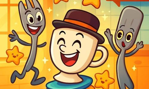 Tino, una taza elegante con un sombrero de copa, está en el centro de la imagen, mostrando una gran sonrisa alegre y riendo a carcajadas. Se encuentra de pie sobre una pila de platos coloridos, rodeado de pasteles en forma de estrellas que flotan a su alrededor. Palito, un tenedor travieso con ojos pícaros, está justo al lado de Tino, saltando de alegría con una gran sonrisa y sus dientes blancos brillantes. Luli, una espátula creativa, está un poco más atrás, con los brazos levantados, maravillada por la magia que los rodea, con estrellas en los ojos. La escena se desarrolla en una cocina mágica, llena de colores vivos, con paredes de azulejos pastel y estanterías llenas de tarros de mermelada y frutas coloridas. Rayos de luz dorada filtran a través de la ventana, iluminando la habitación. Los amigos ríen y flotan alegremente en el aire, rodeados de pasteles brillantes, creando una atmósfera de fiesta y camaradería.