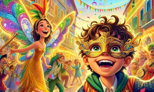 Um menino de 10 anos, Lucas, com cabelo castanho e cacheado, usa uma linda máscara dourada adornada com padrões cintilantes. Seu rosto expressa grande alegria e deslumbramento enquanto dança no meio de uma multidão colorida durante um carnaval. Ao seu lado, sua melhor amiga Sofia, uma menina de 9 anos, está fantasiada de borboleta com asas multicoloridas que brilham ao sol. Ela sorri amplamente, segurando a mão de Lucas, pronta para levá-lo à aventura. O cenário é uma rua animada da Vila dos Sorrisos, cheia de faixas vibrantes, confetes flutuando no ar e músicos tocando instrumentos festivos. As casas são pintadas de cores vivas, e luzes cintilantes decoram cada canto. A cena principal mostra Lucas e Sofia, cercados de risos e música, prestes a atravessar um portal mágico que os levará a um mundo fantástico, simbolizando o espírito do carnaval e a aventura que os aguarda.