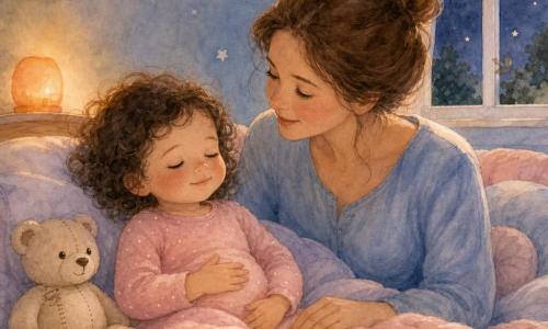 Menina de 2 anos, rosto redondo, cabelos pretos em pequenos cachos, olhos doces e um pouco cansados, sorriso leve; sentada numa cama macia com a mão no ventre, inspirando calmamente; mãe (~30 anos) de cabelo castanho preso em coque, olhar terno, sentada ao lado com a mão na coberta, falando suavemente; ursinho de pelúcia creme apoiado no travesseiro; quarto infantil em plano fechado: manta de lã rosa pálido, almofadas redondas, luz noturna laranja suave, paredes azul-pastel com estrelinhas e janela aberta mostrando uma lua amarela e céu anil; cena de calma antes do sono, gestos lentos, respiração visível, atmosfera serena e segura, paleta aquarelada de tons pastéis com sombras muito leves.