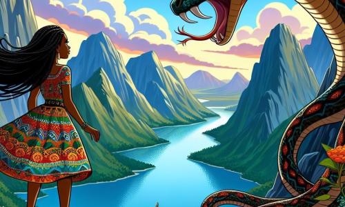 Amina, a young woman of about 20, stands at the top of a mountain, her long black hair blowing in the wind. She wears a colorful dress adorned with African patterns and has an expression of determination and wonder as she gazes at the sparkling lake below. Nearby, a majestic snake with shiny scales, impressive in length, rears up on a rock, its piercing eyes fixed on Amina, as if assessing her courage. The breathtaking landscape features steep cliffs surrounding a bright blue lake, while the sky is dotted with fluffy white clouds illuminated by the setting sun. Colorful wildflowers grow on the slopes, adding a touch of magic to the scene. The main situation shows Amina ready to face the guardian snake, determined to prove her worth to obtain the precious Water Stone, a symbol of life and hope for her village.