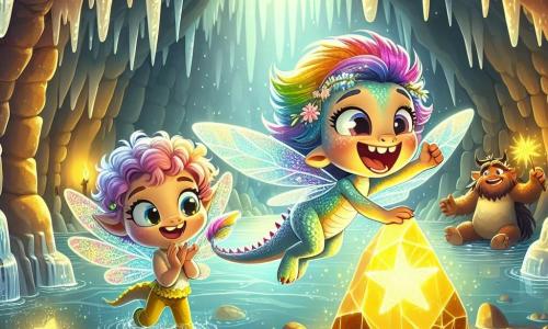 Fien, een jonge draak met glanzende schubben in regenboogkleuren, danst vrolijk in een mysterieuze grot, met sprankelende ogen en een brede glimlach. Naast haar springt Lila, een kleine fee met glinsterende vleugels en krullend haar, van blijdschap en applaudisseert voor Fien. De grot is gevuld met fonkelende stalactieten en glibberige muren die stralen onder het zachte licht van een gouden ster, wat een magische en betoverende sfeer creëert. Achterin de grot straalt een grote lichtgevende steen, die de beroemde ster van vriendschap vertegenwoordigt, een warme gloed uit die de aandacht van de twee avonturiers trekt. In deze scène vieren Fien en Lila hun overwinning door rond de steen te dansen, vol vreugde en energie, terwijl de slapende troll met een tevreden glimlach op de achtergrond naar hun vrolijke muziek luistert.