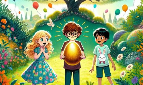 En un jardín soleado, Lucas, un niño de 12 años con cabello castaño y gafas, se encuentra en el centro sosteniendo un huevo dorado brillante en sus manos. A su derecha, Valeria, una niña de 11 años con cabello largo y rubio, sonríe con asombro, vistiendo un bonito vestido colorido. A la izquierda de Lucas, Nicolás, un niño de 12 años con cabello negro y pecas, observa el jardín con curiosidad, llevando una camiseta con estampados de conejos. El jardín está lleno de flores coloridas, cintas y globos flotantes, creando una atmósfera festiva. Al fondo, un gran roble proporciona sombra, y huevos de Pascua multicolores están escondidos entre los arbustos y la hierba. La escena muestra a los tres amigos descubriendo el misterioso huevo dorado, simbolizando la aventura y la emoción de la búsqueda de huevos de Pascua, con rayos de sol iluminando sus rostros alegres.