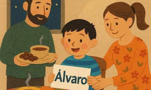 Un niño de 4 años, rostro redondo y mejillas rosadas, pelo corto negro, expresión maravillada, sostiene una hoja con su nombre y señala el punto brillante sobre la 