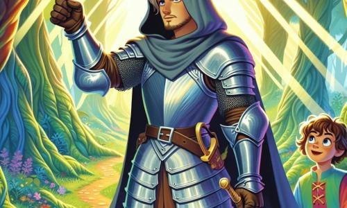 Un caballero misterioso, El Encapuchado, se encuentra en el centro de la escena, vistiendo una brillante armadura que brilla bajo la luz del sol. Su capa gris flota ligeramente al viento y su rostro está cubierto por una capucha, dejando entrever una luz de determinación en sus ojos. Observa atentamente un camino frente a él, con una expresión que mezcla curiosidad y valentía. A su derecha, un joven mensajero de unos 12 años, con cabello rizado y vestido con una túnica colorida, sostiene un rollo de pergamino. Parece emocionado, señalando el camino que el caballero debe tomar, con una sonrisa radiante en su rostro. El escenario es un magnífico y denso Bosque de los Susurros, donde árboles majestuosos de hojas verde esmeralda se elevan alto en el cielo. Rayos de sol filtran a través de las ramas, creando patrones luminosos en el suelo cubierto de musgo. Flores coloridas bordean el camino, añadiendo un toque de magia al entorno. La situación principal muestra a El Encapuchado dudando ante tres senderos misteriosos, cada uno rodeado de niebla y misterio, simbolizando las difíciles decisiones que debe tomar para continuar su aventura.