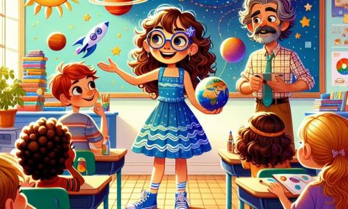 In a bright and colorful classroom, a 12-year-old girl, Emma, stands at the center with wavy brown hair and round glasses. She wears a blue dress with wave patterns and has a big smile, her eyes sparkling with joy and excitement as she presents her solar system project to her classmates. Next to her, her best friend Lily, also 12, has curly red hair and freckles on her face. She sits at a table holding a planet model in her hands, looking at Emma with admiration, ready to help answer questions. Their teacher, Mr. Thompson, a man in his forties with graying brown hair and a checkered shirt, stands at the back of the class, smiling proudly while taking notes on a tablet. The classroom is decorated with colorful posters of planets and stars, with windows letting in sunlight, creating a warm and welcoming atmosphere. The main scene shows Emma confidently sharing her project enthusiastically, while her classmates listen attentively, captivated by her energy and passion for space.