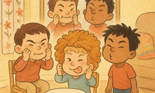 Ci sono tre bambini di 3 anni: Tito, capelli corti castani, schiaccia le guance con le mani facendo la 