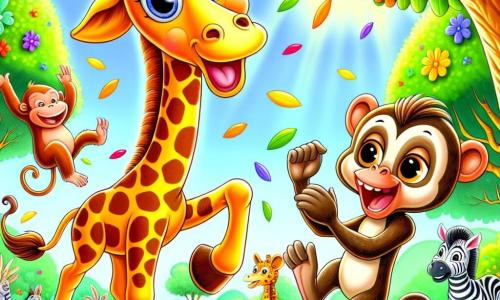 Uma girafa alegre chamada Jujuba, com um longo pescoço manchado de cores vivas, dança com um grande sorriso no rosto, seus olhos brilhando de felicidade. Ao lado dela, um macaco travesso chamado Pancada, com pelagem marrom e olhos maliciosos, balança em um galho de árvore, rindo e aplaudindo. Perto dali, uma zebra elegante chamada Listras, com listras pretas e brancas, se ergue sobre as patas traseiras, batendo palmas ao ritmo da música. A cena acontece em uma clareira ensolarada da floresta, cercada por árvores de folhas coloridas e flores vibrantes que dançam com o vento. No centro da clareira, uma grande festa está em andamento, com frutas coloridas dispostas em esteiras e animais da floresta dançando alegremente. Jujuba, Pancada e Listras celebram juntos, cercados de risos e música, criando uma atmosfera festiva e amigável.
