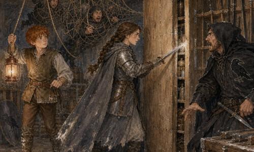 Cavaliere donna dall'espressione determinata e calma, volto europeo, mantello cenere, armatura consumata opaca, capelli castani in treccia, punta di spada conficcata in una trave rivelando un piccolo scomparto segreto; ragazzo scudiero di circa 14 anni, capelli rossi arruffati, lanterna di rame in una mano e corda nell'altra, con tracce di farina sugli stivali, leggermente dietro a sinistra; capo dei predoni, uomo sui 30–35 anni con cappuccio nero e corvo ricamato, sguardo sorpreso mentre arretra vicino a una cassa con la mano su una daga; due predoni impigliati in reti cadute dalle travi, cuffie scure e stivali fangosi; granaio delle armi: ampia sala in legno scuro con travi a vista, scaffali di lance e spade, casse impilate e polvere sospesa, segni di farina a terra; situazione: imboscata nel granaio, reti che precipitano, farina e polvere in aria, la cavaliere attiva una botola segreta mentre il ragazzo accende la lanterna e immobilizza gli intrusi.