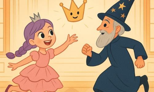 La principessa Lillà, gioiosa e birichina, ha grandi occhi brillanti, treccia lilla, un vestito rosa cipria a balze e una piccola corona d'argento che è saltata; ride e tende la mano verso una corona animata che volteggia con occhi sorridenti e riflessi metallici al centro della scena. Il mago di corte, uomo di circa 60 anni con barba grigia e cappello a punta stellato e veste blu notte, corre seguendo la principessa con il cappello capovolto. L'interno del castello è una grande sala luminosa con pareti color crema, modanature dorate, tende pastello e ampie finestre che lasciano entrare una luce calda: atmosfera giocosa e leggera, colori tenui, forme arrotondate, composizione centrale e chiara adatta ai bambini.