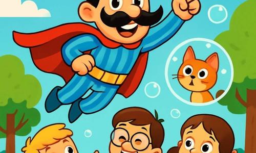 Un superhéroe llamado Superbigote, con un gran y flamboyante bigote negro, lleva una capa roja y un pijama de rayas azules. Sonríe y tiene ojos chispeantes de malicia, flotando en el aire sobre un parque soleado. Cerca, tres niños, dos chicos y una chica de 6 a 8 años, lo miran asombrados. El chico rubio con camiseta verde señala a Superbigote. El otro chico, con gafas y camiseta roja, se ríe a carcajadas. La chica, con coletas y vestido rosa, sostiene un pequeño gato que flota en una burbuja de jabón, con ojos abiertos de sorpresa. El parque está lleno de árboles verdes, flores coloridas y un cielo azul con nubes blancas. Burbujas de jabón flotan, creando una atmósfera alegre y mágica. Superbigote usa sus poderes para hacer flotar burbujas de jabón, provocando risas en los niños y transformando el parque en un lugar de fiesta y alegría.