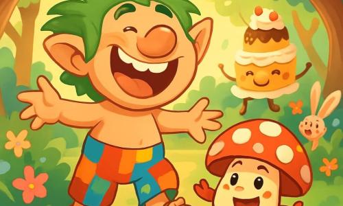 Un troll felice di nome Trollo, con un grande naso rotondo, capelli verdi spettinati e un sorriso splendente, si trova al centro della scena ridendo a crepapelle. Indossa pantaloni colorati a patchwork e sandali di pelle usurata. Accanto a lui, il fungo Gigirotondo, un piccolo fungo dai colori vivaci con un cappello rosso a pois bianchi, salta di gioia, con gli occhi scintillanti di malizia. Lo sfondo è una foresta incantata, piena di alberi dai tronchi contorti, fiori multicolori e una luce soffusa che filtra tra le foglie. In lontananza, una torta gigante, decorata con panna e frutta, danza felice tra gli alberi, mentre un coniglietto dalle orecchie lunghe, che starnutisce farfalle, si nasconde dietro un cespuglio. La scena mostra Trollo e Gigirotondo che ridono insieme, pronti a vivere una giornata piena di scherzi e avventure in questo mondo magico e stravagante.
