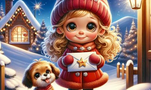 A 3-year-old girl named Lily, with sparkling big eyes and curly golden hair, stands in the center of the image, a radiant smile lighting up her face. She wears a bright red coat and a wool hat, holding a pretty envelope decorated with a shining star in her little hands, expressing great excitement. Next to her is a small dog named Pippin, an adorable brown curly-haired terrier, standing on his hind legs with his tongue out, as if ready to jump for joy. In the background, there is a snowy hill under a starry sky, with twinkling Christmas lights illuminating a small wooden house in the distance, from which smoke is rising from the chimney. The scene depicts Lily and Pippin in front of Santa's house, just after knocking on the door, eager to deliver Emily's letter, with snowflakes gently falling around them, creating a magical and festive atmosphere.