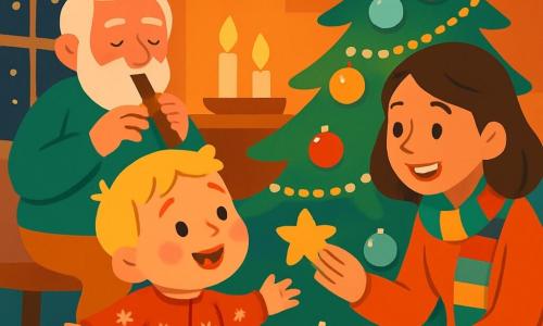 Ein kleiner Junge von 2 Jahren mit blonden Haaren und roten Wangen trägt einen roten Pyjama mit Schneeflockenmuster. Er hat ein großes, erstauntes Lächeln im Gesicht, während er einen beleuchteten Weihnachtsbaum betrachtet. Neben ihm beugt sich seine Mama, eine Frau in den Dreißigern mit braunen Haaren und einem bunten Schal, um ihm einen sternförmigen Keks zu geben. Sie ist fröhlich und lächelt, während sie nahe am Baum steht. In der Ecke spielt der Großvater, ein älterer Mann mit einem weißen Bart, sanft Flöte und schafft eine warme Atmosphäre. Der Raum ist gemütlich, dekoriert mit glitzernden Girlanden und Kerzen, die ein sanftes Licht verbreiten. Der Baum ist majestätisch, bedeckt mit bunten Kugeln und goldenen Girlanden, während draußen sanft Schneeflocken fallen. Die Hauptsituation zeigt den kleinen Jungen, der erstaunt die Dekorationen des Baumes entdeckt und freudige Momente mit seiner Mama und seinem Großvater teilt, wodurch eine festliche und warme Stimmung entsteht.