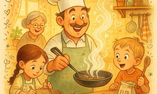 Un bucătar zâmbitor poartă o toque albă și un șorț, alături stă Mara, o fetiță de circa 8 ani, care amestecă aluatul, și Vlad, un băiețel de circa 5 ani, privind încântat, iar în fundal o bunică de aproximativ 70 de ani taie mere; o bucătărie caldă și colorată, cu lumină filtrată, unde toți gătesc împreună într-un moment vesel — aburi, firimituri și râsete plutesc în jurul unei mese încărcate cu fructe, făină și ustensile, cu doodle-uri cu inimi, stele și note muzicale suprapuse.