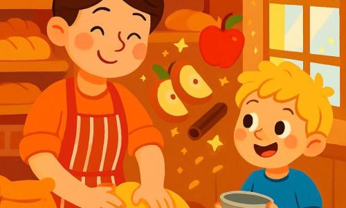 A smiling woman, Maya, stands in her bright little bakery, with her brown hair tied in a bun and wearing a striped apron. She has sparkling eyes and rosy cheeks as she kneads a golden dough on a wooden table. Next to her, a boy named Leo, about 8 years old with messy blonde hair and wearing a blue t-shirt, watches in awe. He holds a small metal bowl and smiles, ready to help. The bakery is warm, with red brick walls, shelves filled with golden bread, and windows letting in the morning light. Bags of flour and jars of sugar are arranged on the countertop, creating a welcoming atmosphere. Maya and Leo are working together to prepare delicious little apple pastries, with pieces of juicy apples and cinnamon wafting through the air.