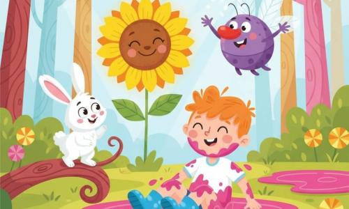 The prince is about a 7-year-old boy with spiky orange hair and a round, smiling face despite the mud, wearing oversized blue boots and sitting stuck up to his knees in bright pink mud, wiggling his toes to free himself; Fluffykins, a small fluffy white rabbit with droopy ears and mischievous round eyes, sits to his left on a log, softly laughing; Jiggly, a small round insect with a big red nose, translucent wings and a purple spotted body, hovers above, beating its wings and smiling; the Great Singing Flower is a giant yellow sunflower with a friendly face and bright orange-yellow petals standing behind him in a sunny clearing; the enchanted forest features pastel twisted trunks, candy-like bushes, gleaming pink mud pools and golden sunbeams — a warm, comic scene of friends laughing as the muddy prince tries to free himself, in bright colors, simple shapes and clear outlines.