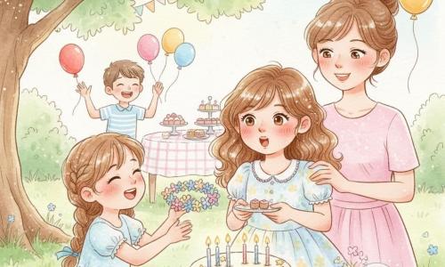 Uma menina de 8 anos, cabelos castanho-claros ondulados aos omros, olhos avelã e vestido floral pastel, sopra as velas de um grande bolo decorado com estrelas; sua amiga Luísa, também com cerca de 8 anos, cabelos em trança com fita azul, oferece uma coroa de flores ao lado dela; um menino de 9 anos segura um balão vermelho e ri perto da mesa de guloseimas; a mãe, de cabelo preso em coque, sorri e pousa a mão no ombro da filha; festa de aniversário ao ar livre num jardim ensolarado com árvore sombreada, bandeirolas coloridas, balões flutuantes e toalha xadrez, atmosfera festiva em tons pastel.