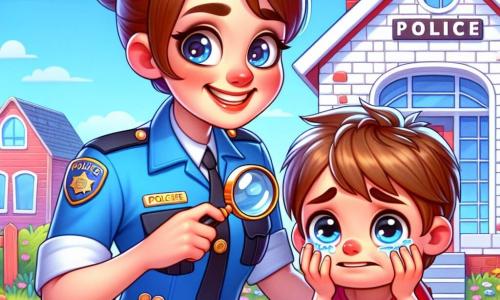 Eine lächelnde Polizistin, Paula, ist eine Frau in ihren Dreißigern, die eine leuchtend blaue Uniform mit einem schwarzen Gürtel trägt. Sie hat braune Haare zu einem Dutt gebunden und funkelnde, entschlossene Augen. Sie hockt sich und hält eine Lupe, mit einem konzentrierten und freundlichen Blick, bereit zu helfen. Neben ihr steht ein kleiner Junge namens Tim, 6 Jahre alt, mit zerzausten blonden Haaren und einem roten T-Shirt mit einem Dinosaurier-Motiv. Seine Augen sind voller Tränen, aber ein leichtes Lächeln beginnt zu erscheinen, während er Paula ansieht. Er hält ein kleines Stück seines T-Shirts, besorgt, aber voller Hoffnung. Die Szene spielt vor einer charmanten kleinen Polizeistation mit weißen Ziegelmauern und einer roten Tür. Bunte Blumen wachsen darum, und ein klarer blauer Himmel breitet sich über ihnen aus. Paula und Tim sind auf der Suche nach Bärli, Tims wertvollem Teddybär, der verschwunden ist. Paula benutzt ihre Lupe, um den Boden zu untersuchen, während Tim um sich schaut, auf der Suche nach seinem Plüschfreund, mit einem Ausdruck von Aufregung und Sorge.