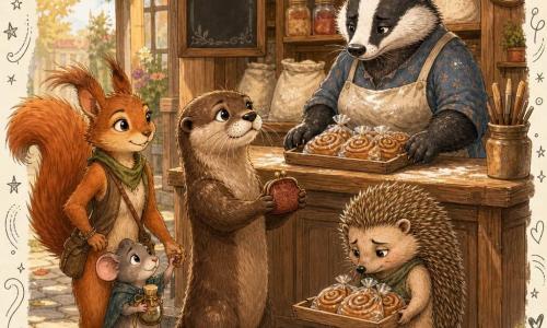 Pip, a young otter standing center with a honest, focused face, twitching whiskers and glossy brown fur, gently holds a small coin pouch of wax and looks at the shopkeeper with a proud, relieved expression; to his left Juniper, a slim squirrel with a bushy orange tail, bright mischievous eyes and a reassuring posture, lightly holds Nib’s paw and smiles protectively; Bram, a small round hedgehog with light brown quills, looks ashamed but relieved and holds a wooden tray of packaged cinnamon rolls beside Pip with his head slightly bowed; Nib, a frail gray mouse with round, relieved eyes, clutches a tiny potion wrapped in cloth against Juniper’s leg and looks to Mrs. Mallory with hope; Mrs. Mallory, a sturdy badger woman behind the polished wooden counter, wears a flour-stained apron and a stern but kind face, hands on the returned tray, standing before shelves of jars and flour sacks bathed in warm market-morning light; the corner store setting features shelves of colorful jars and packages, a chalk menu, a pot of brushes and a round clock, cobblestones and drifting leaves; the scene captures the return of stolen rolls and the handing over of funds for medicine — a moment of reconciliation blending embarrassment, gratitude and pride, centered composition, warm colors, wooden and flour textures, soft illustrative style with slightly sketched outlines and tiny doodles (hearts, stars, cinnamon crumbs).