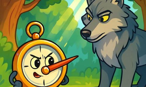 In an enchanted clearing, a small compass with bright colors, a shiny lid, and a golden needle stands bravely at the center of the image, its needle firmly pointing towards the Big Bad Wolf. The compass has a determined expression, its eyes sparkling with excitement and curiosity. Nearby, the Big Bad Wolf, majestic and imposing with silver-gray fur and piercing amber eyes, observes the compass with a mix of curiosity and wisdom. Its posture is both threatening and protective, standing slightly back as if waiting for the compass to speak. The clearing is surrounded by tall, gnarled trees, their vibrant green leaves dancing in the wind, while rays of sunlight filter through the foliage, creating bright patterns on the ground. Colorful flowers dot the ground, adding a touch of magic to the environment. The main scene shows the compass ready to confront the Big Bad Wolf, symbolizing courage in the face of the unknown, while the wolf, though feared, seems ready to listen and share its secrets.
