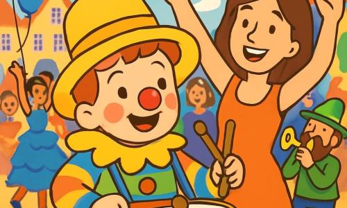 Een 4-jarig jongetje genaamd Tom draagt een kleurrijk clownspak met een grote rode neus, een gestreepte multicolore shirt en een grote gele hoed. Hij heeft een stralende glimlach en sprankelende ogen van vreugde terwijl hij enthousiast op een kleine trommel tikt. Naast hem staat een glimlachende moeder van ongeveer 30 jaar met bruin haar en een lichte jurk, die hem aanmoedigt met opgestoken armen, vol trots. Op de achtergrond is een feestelijk dorp versierd met kleurrijke slingers, zwevende ballonnen en blije mensen in verschillende kostuums, in een carnavalsachtige sfeer. De scène toont Tom in het midden van een levendige parade, omringd door muzikanten en dansers, die samen vieren met stralende glimlachen en gelach.