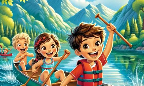 Um menino de 10 anos, Lucas, com cabelos castanhos bagunçados e olhos brilhantes de curiosidade, está sentado em uma canoa em um lago cintilante, rindo alegremente com seus amigos. Ele usa um maiô colorido e um colete salva-vidas vermelho, com os braços levantados em sinal de vitória enquanto segura um remo. Ao seu lado, Marina, uma menina de 9 anos com cabelos loiros trançados e um sorriso radiante, está remando com entusiasmo, seus olhos brilhando de felicidade. Um pouco mais adiante, João, um garoto de 10 anos com óculos e cabelos castanhos, ri alto enquanto tenta manter o equilíbrio na canoa, suas bochechas vermelhas de esforço. O lago é cercado por majestosas montanhas verdes, e o céu é de um azul vibrante, salpicado de algumas nuvens brancas e fofas. Árvores com folhas brilhantes se refletem na água calma, criando uma atmosfera mágica e de verão. A cena principal mostra Lucas e seus amigos em plena aventura, remando alegremente no lago, aproveitando o verão e a amizade, com risadas ecoando no ar fresco.