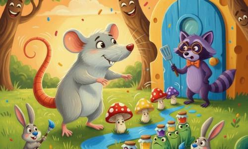 A brave little rat with a smiling, focused face, a bright orange plume tail, pancake-round ears and light gray fur stands on its hind legs guiding bouncing mushrooms with an outstretched paw, proud and determined with sparkling eyes; nearby a purple raccoon with round glasses and a crooked bow tie holds a spatula by a blue door shaped like a cheese slice, looking relieved; a row of green frogs balancing jam jars on their heads form a wobbly wall; two rabbits with blue-painted noses hold brushes and paint a vivid blue path—one left, one right; colorful mushrooms (red with white spots, yellow, purple) leap joyfully with motion lines; setting: sunny clearing behind the blue door, textured green grass, twisted trees, orange late-afternoon sky and paint flecks in the air; joyful, dynamic scene with saturated colors, thick acrylic texture, composition centered on the rat guiding the mushrooms along the blue path.
