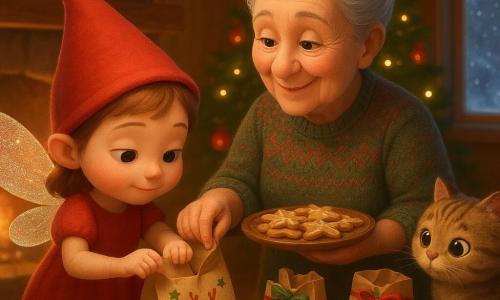 Pequena fada infantil como personagem principal, chapéu pontudo vermelho, asas brilhantes que parecem feitas de açúcar cintilante, rosto redondo e sorridente mas concentrado, ela dobra um saco de papel com gestos suaves; avó idosa de cabelo grisalho em coque, vestido de lã com padrões e sorriso terno, segura uma bandeja de biscoitos e mostra como alisar e dobrar o saco, em pé ao lado da mesa de madeira; gatinho Mingau, tigrado e peludo, fareja um saco na mesa sentado na beirada; mesa de madeira no centro com sacos de papel decorados com estrelas e renas, fitas verdes e vermelhas e alguns biscoitos quentes em um prato; lareira de pedra acesa ao fundo, árvore de Natal com luzes amarelas e bolas vermelhas, janela gelada mostrando a neve caindo; atmosfera calorosa em tons vermelhos, verdes e dourados, texturas suaves e brilho; situação principal: aprendizado paciente e alegre — a pequena fada tenta dobrar sacos enquanto a avó guia com delicadeza, alguns sacos ainda resistentes e outros perfeitamente fechados com fitas.