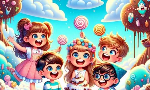 Em um mundo mágico cheio de nuvens de algodão e árvores de chocolate, quatro amigos estão reunidos. Lúcia, uma menina de 8 anos com longos cabelos castanhos e um sorriso radiante, está no centro, rindo alto. À sua direita, Pedro, um garoto de 9 anos com cabelos loiros bagunçados, faz caretas imitando um Caramelo Maluco. À esquerda, Sofia, uma menina de 7 anos com tranças e um vestido colorido, saboreia um galho de árvore de chocolate com olhos maravilhados. Por fim, Miguel, um garoto de 8 anos com óculos redondos e uma camiseta listrada, está sentado em um monte de marshmallows, rindo até chorar devido às piadas dos Caramelos Malucos que dançam ao redor deles. O cenário é um paisagem de conto de fadas, com nuvens em forma de doces flutuando em um céu azul pastel, rios de chocolate correndo entre colinas de marshmallow e árvores com troncos de caramelo brilhando ao sol. A cena principal mostra os amigos rindo juntos, cercados por Caramelos Malucos coloridos que fazem piruetas e caretas hilárias, criando uma atmosfera alegre e lúdica, perfeita para uma aventura cheia de risadas antes de dormir.