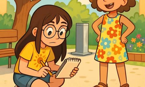 Há 2 personagens principais: Lia, uma menina de 9 anos com longos cabelos castanhos e óculos redondos, vestindo uma camiseta amarela com um desenho de sol e um short de jeans, agachada, segurando um caderno e um lápis, observando atentamente o chão; e Sofia, uma menina de 9 anos com cabelos curtos e cacheados de cor castanho claro, vestindo um vestido florido e sandálias, em pé com as mãos na cintura, olhando ao redor com um sorriso curioso. A cena se passa no pátio da escola, iluminado, com chão de concreto, manchas de tinta verde e bancos de madeira, cercado por árvores com folhas verdes brilhantes e um bebedouro de metal reluzindo ao sol. Ao fundo, há um pequeno jardim com flores coloridas. A situação principal mostra Lia e Sofia investigando, procurando pistas para encontrar uma caixa de sementes desaparecida, examinando o chão e descobrindo manchas de tinta e um fio azul, enquanto trocam ideias com entusiasmo.