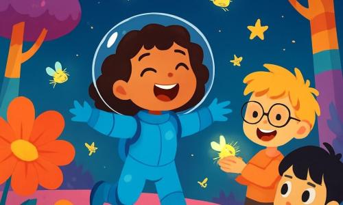 Ana, o tânără exploratoare cu părul brun și creț, poartă o costum de astronaut albastru strălucitor. Are un zâmbet mare de uimire pe față, cu ochii strălucind de bucurie în timp ce dansează sub un cer înstelat. Lângă ea, un băiat de zece ani, cu ochelari rotunzi și păr blond dezordonat, ține o mică creatură luminoasă în mâini. Râde, fascinat de magia universului. Un alt băiat, de nouă ani, cu părul negru și neted, observă cu curiozitate florile uriașe din jurul lor, cu ochii mari de uimire. Locul este o planetă roz, acoperită cu flori gigantice cu petale strălucitoare și copaci mari cu trunchiuri multicolore. Solul este acoperit cu iarbă moale și pufoasă, iar stelele sclipitoare strălucesc deasupra lor, creând o atmosferă de basm. Situația principală arată cum Ana și prietenii ei dansează cu bucurie, înconjurați de creaturi luminoase care zboară în jurul lor, în timp ce descoperă frumusețea acestei planete magice.