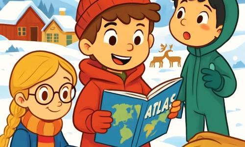 Há 3 personagens: - Lucas: um garoto de 10 anos, com cabelos castanhos bagunçados e olhos curiosos. Ele usa um casaco vermelho vivo e um gorro de lã. Ele está no centro da imagem, segurando um atlas de mapas. - Sofia: uma menina de 9 anos, com longos cabelos loiros trançados e óculos redondos. Ela usa um cachecol colorido e um casaco azul. Ela está sentada em um banco de madeira, desenhando a neve com um caderno e lápis. - Miguel: um garoto de 10 anos, com cabelos negros e bochechas rosadas. Ele usa uma roupa de esqui verde e luvas. Ele está em pé ao lado de Lucas, observando as renas ao longe com um olhar encantado. O cenário é uma charmosa aldeia na Lapônia, cercada por colinas cobertas de neve brilhante sob um céu azul claro. Casas de madeira coloridas, com telhados cobertos de neve, estão espalhadas ao redor. Renas pastam pacificamente em um campo, e flocos de neve caem suavemente, criando uma atmosfera mágica. A situação principal da história mostra Lucas, Sofia e Miguel em plena exploração, em busca de um antigo amuleto sami perdido, com expressões de excitação e determinação em seus rostos.