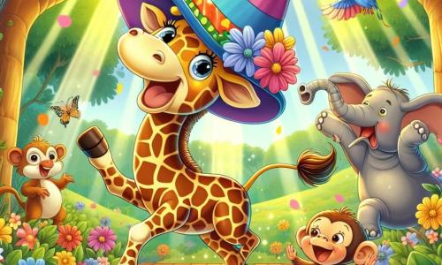 O girafă veselă numită Gigi, cu un gât lung petrecut de galben și brun, dansează cu entuziasm pe un podium din lemn, purtând o pălărie mare și colorată de clovn. Ochii ei mari și strălucitori exprimă bucuria și excitația în timp ce se mișcă cu grație, înconjurată de flori strălucitoare. Lângă ea, Mili, o maimuță mică și jucăușă cu blană brună și ochi jucăuși, face acrobații sărind în jurul lui Gigi, râzând și aplaudând. Mai departe, Titi, un elefant cu corp gri și urechi mari, încearcă să danseze cu mișcări stângace, dar zâmbește larg, arătând că se distrează. Scena se desfășoară într-o junglă vibrantă, plină de copaci verzi luxurianti, flori colorate și animale curioase care privesc cu uimire. Razele de soare străbat frunzișul, iluminând scena cu o lumină aurie. Situația principală arată pe Gigi și prietenii ei într-o competiție de dans, toți distrându-se și celebrând prietenia într-o atmosferă festivă și veselă.