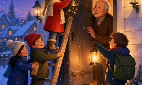 Vijf personages: Lotte (6) blond met vlechten, rood mantel, crèmekleurige wollen sjaal, bovenop een oude houten ladder links en bevestigt een kleine tinnen bel aan de voordeur; Sam (6) bruin kort haar, scheef rood mutsje, modderlaarzen, houdt onderaan de ladder en lacht naar Lotte; Noor (6) zwart haar onder een grote pomponmuts, koningsblauwe jas, duwt licht de ladder achter Sam en heeft een pakje koekjes; Joris (6) kastanjebruin haar, groene rugzak, rechts van de deur met een brandende lantaarn die warme gloed werpt; opa (±70) gerimpeld glimlachend gezicht, bruine wollen trui, opent de donkere eiken voordeur met één hand aan het kozijn. Setting: witgeschilderd houten dorpshuis met donkere eiken deur, roestige scharnieren, besneeuwde drempel, antieke lampen en dennentakguirlandes; zachte vallende sneeuw, schemerblauwe sfeer met gouden lanterngloed. Hoofdtaak: de kinderen hangen de maneschijnbel aan opa’s deur tijdens een sneeuwavond; warme intieme sfeer, contrast warm licht en koude blauwtinten, blije uitdrukkingen en gouden vonkjes rond de bel.