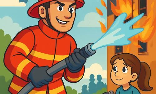 Een sterke en moedige brandweerman in een felrode uniform en een glanzende helm heeft een geconcentreerde en vastberaden uitdrukking op zijn gezicht, met sprankelende ogen vol enthousiasme. Hij houdt een brandslang vast en richt een krachtige waterstraal op een brandend gebouw. Naast hem kijkt een twaalfjarig meisje met bruin haar in een staart bewonderend toe. Ze draagt een blauwe t-shirt en spijkerbroek en houdt een kleine brandblusser vast, klaar om te helpen. De locatie is een brandend appartement met feloranje vlammen die uit de ramen komen en zwarte rook die de blauwe lucht in stijgt. Rondom liggen puin en bezorgde buren houden op afstand de scène in de gaten. De hoofdscène toont de brandweerman in actie, moedig het vuur bestrijdend, terwijl het meisje ervan droomt een heldin zoals hij te worden, wat de teamgeest en moed in het gezicht van gevaar illustreert.