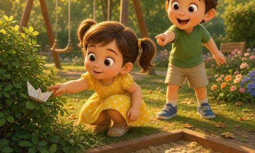 Hay dos niños de 4 años: Lila, niña de cabello castaño en coletas con vestido amarillo de lunares blancos, agachada junto a un arbusto extendiendo la mano para alcanzar un recibo blanco doblado en forma de barquito; y Tom, niño de cabello castaño corto con gorra azul, camiseta verde y pantalón corto beige, de pie detrás de ella señalando el recibo con ojos abiertos y entusiasmo; escena en un parque soleado con arenero, arbustos y flores, columpios de madera al fondo, césped con hojas, ambiente tranquilo y seguro, estilo 3D suave con texturas textiles y granos de arena detallados.