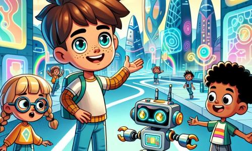 Een 8-jarig jongetje, Max, met rommelig bruin haar en nieuwsgierige ogen, staat in het midden van de afbeelding, enthousiast glimlachend terwijl hij trots zijn robot toont in de futuristische stad Glimlachen. Aan zijn rechterkant staat Sarah, een 8-jarig meisje met ronde brillen en gevlochten blond haar, die aandachtig naar de robot kijkt met haar handen op haar heupen en een bewonderende blik. Aan zijn linkerkant lacht Tom, een 8-jarig jongetje met zwart haar en een kleurrijk t-shirt, vrolijk terwijl hij naar de dansende robot wijst. De achtergrond toont een stralende futuristische stad met golvende, kleurrijke gebouwen die schitteren onder een heldere blauwe lucht. Hologrammen zweven in de lucht en luminescente bomen omringen de drukke straten. De hoofdscène laat Max, Sarah en Tom zien die hun uitvinding, de "Glimlachgenerator", presenteren aan een groep verwonderde kinderen, omringd door vriendelijke robots die hen helpen. De sfeer is vrolijk en vol energie, wat de geest van innovatie en vriendschap in deze magische stad illustreert.