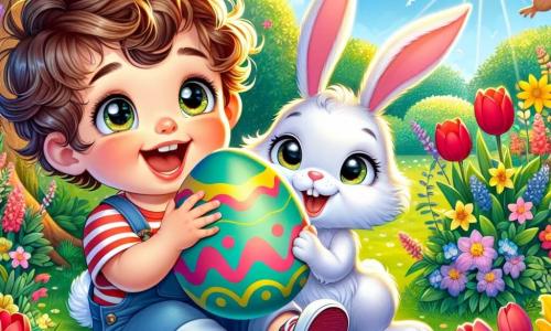 Un bambino di un anno, con grandi occhi brillanti e capelli ricci castani, è seduto in un giardino soleggiato, con un ampio sorriso sul volto, meravigliato da un grande uovo di Pasqua colorato che tiene tra le mani. Accanto a lui, un adorabile coniglietto bianco, con grandi orecchie e un naso rosa, salta gioiosamente, guardando l'uovo con curiosità. Il giardino è pieno di fiori dai colori vivaci, come tulipani rossi e narcisi gialli, e un grande albero frondoso si erge sullo sfondo, offrendo ombra. Gli uccelli cantano tra i rami, aggiungendo un tocco di magia all'atmosfera. La scena principale mostra il bambino e il coniglietto in piena caccia alle uova di Pasqua, Leo guarda intorno con eccitazione, pronto a scoprire altre uova nascoste tra i fiori e i cespugli.