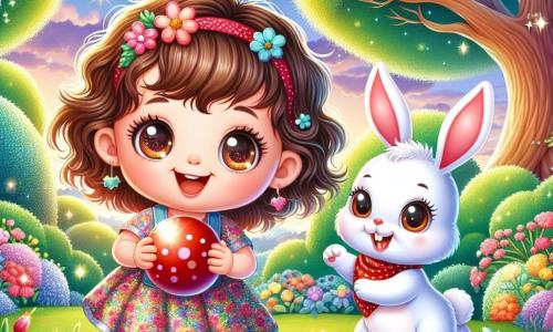 Una bambina di 2 anni, Lila, con grandi occhi brillanti e capelli ricci castani, sorride gioiosamente mentre tiene la sua palla rossa. Indossa un vestito colorato a fiori ed è entusiasta, pronta per l'avventura. Accanto a lei, un adorabile coniglio bianco, con grandi orecchie e un naso rosa, salta allegramente, curioso e amichevole. Lo scenario è un giardino soleggiato, pieno di fiori multicolori, alberi verdi e un piccolo stagno scintillante dove un pesce danzante fa bolle. In fondo, un grande albero maestoso offre ombra e foglie brillanti. La scena principale mostra Lila e il coniglio mentre cercano la palla rossa sotto le foglie dell'albero, con espressioni di determinazione e gioia sui loro volti, circondati dalla bellezza del giardino.