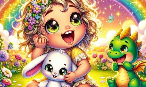 A one-year-old girl named Lila, with sparkling big eyes and curly golden hair, joyfully laughs while holding her plush toy, a rabbit named Mr. Fluff, who has long, soft ears. She sits on the green grass surrounded by colorful flowers, with a big smile on her face, expressing contagious joy. Next to her, a small dragon named Zippy, with shiny green scales and tiny wings, stands laughing as well, his eyes sparkling with mischief. He is slightly larger than a cat and is right beside Lila, ready to help her in her adventures. The setting is an enchanted valley bathed in golden light, with a shimmering stream of bright colors where the water dances and sparkles under the sun. Rainbows appear in the sky, adding a touch of magic to the environment. The main scene shows Lila and Zippy trying to make a rainbow appear, but instead, an upside-down rainbow appears, causing bursts of laughter and a joyful, playful atmosphere.