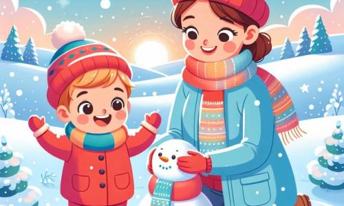Een jongetje van 1 jaar, met roze wangen en blond haar, staat in de sneeuw met wijdopen ogen van blijdschap. Hij draagt een felrode overall, een wollen muts en zwarte laarzen, en hij steekt zijn armen de lucht in, lachend en zich vermaakend in de sneeuw. Naast hem staat zijn moeder, een vrouw van ongeveer 30 jaar met bruin haar in een knot en een warme glimlach. Ze draagt een blauwe jas en een kleurrijke sjaal en is bezig een sneeuwbal te maken om een sneeuwman te bouwen. De omgeving is een betoverend winterlandschap met met sneeuw bedekte bomen, een heldere blauwe lucht en zacht vallende sneeuwvlokken. In de verte zijn witte heuvels te zien, wat een vredige en vrolijke sfeer creëert. De hoofdscene toont het jongetje en zijn moeder die samen in de sneeuw spelen, lachend terwijl ze een sneeuwman bouwen, en vangt de speelse en warme geest van de winter.