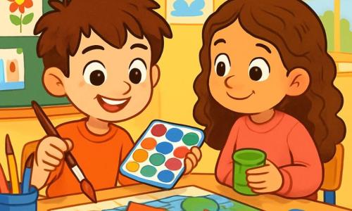 A 6-year-old boy, Sam, with messy brown hair and sparkling curious eyes, is sitting at a small table in a bright classroom. He has a joyful and focused smile, holding a brush in one hand and a colorful paint palette in the other. Next to him, a 6-year-old girl, Maya, with long curly hair, wearing a pink sweater, admires Sam while holding a pot of green paint. The classroom is filled with bright colors: yellow walls, children's drawings on posters, and a large blackboard at the back. Crayons and brushes are scattered on the table, and a large cardboard puzzle depicting a village sits in the center, with colorful pieces waiting to be assembled. The main scene shows Sam and Maya painting together, sharing smiles and creativity, while sunlight filters through the windows, illuminating their joyful and colorful teamwork.