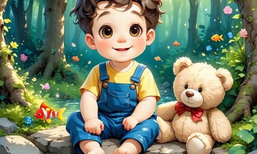 A one-year-old boy named Max, with big curious eyes and curly hair, sits in a secret garden. He wears blue overalls and a yellow t-shirt, and his face radiates joy and wonder as he discovers a small pond filled with colorful fish. Beside him is his loyal friend, a soft and fluffy teddy bear named Benny, who has a friendly smile. Benny is resting on the grass next to Max, seeming to encourage his exploration. The enchanting garden is filled with vibrant flowers in bright colors: red, blue, and yellow. Sunlight filters through the leaves of the trees, creating dancing shadows on the ground. In the center, a small pond sparkles, surrounded by smooth stones and aquatic plants. The main scene shows Max, amazed, pointing at the little fish swimming happily in the water, while Benny appears to listen attentively, as if sharing this magical moment with his friend.