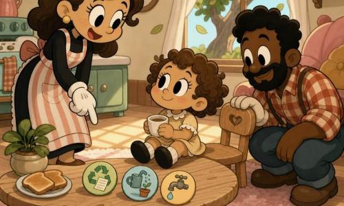 A 2-year-old girl with a proud gentle expression, round cheeks and short light-brown curls holds a small white cup with both hands on a fluffy rug, looking toward her parents; the mother (~30) with a warm smile, hair in a bun and a striped apron stands left, pointing at three small colorful icons on the coffee table, while the father (~32) with a light beard and plaid shirt crouches right, hand on a small chair back, watching kindly; bright kitchen-living room with light wood floor, pale pink round rug, raw wood coffee table, morning light on the floor, a window showing a small leafy tree, a plate of toast and a potted plant on the table; the toddler chooses one of three small tasks on the table (recycle a paper, water a plant, turn off a faucet), calm tender scene in pastel colors with rounded shapes, composition centered on the child and her parents.
