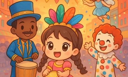 Menina de 10 anos, alegre e radiante, olhos brilhantes, cabelos castanhos em duas tranças, chapéu com penas coloridas, vestido rosa e amarelo com babados, segurando um tamborim dourado e sorrindo; atrás dela, um Mestre do Samba adulto com traje azul e dourado e bigode fino toca um grande surdo; ao lado, um palhaço adulto com maquiagem vermelha, nariz redondo e roupa de bolinhas lança confetes; uma fada jovem com asas prateadas translúcidas voa sobre o grupo espalhando brilhos; cenário: grande avenida de carnaval ao pôr do sol, prédios coloridos, luzes e bandeirolas, plateia estilizada chibi ao fundo, chão coberto de confetes e penas; cena principal: a menina lidera o ritmo no centro de um cortejo festivo, tamborim em ação, confetes rodopiando, luzes quentes e atmosfera mágica.
