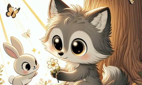 An illustration depicts a small gray wolf with bright eyes sitting under a large tree in a sunny clearing. It has a look of wonder and determination on its face, holding a small glowing flower in its front paws. Next to it, a small white rabbit with big ears and a joyful smile is happily bouncing, admiring the flower. The main setting is a lush clearing surrounded by majestic trees with leaves gently swaying in the wind. Colorful flowers dot the ground, and a sparkling stream flows nearby, adding a touch of magic to the scene. The main situation shows the little wolf discovering the magical flower that could help it feel more energetic, while the rabbit enthusiastically encourages it, creating an atmosphere of friendship and adventure. Additional elements include butterflies fluttering around, sunlight filtering through the leaves, and a gentle breeze moving the flowers, enhancing the sense of joy and discovery in the illustration.