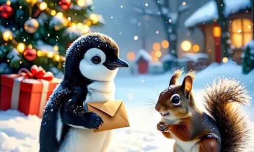 Ein kleiner Pinguin namens Pippin mit glänzendem schwarz-weißem Gefieder, neugierigen Augen und einem großen Lächeln hält einen geheimnisvollen Umschlag in seinen kleinen Flügeln und schaut bewundernd den großen, beleuchteten Weihnachtsbaum vor sich an. Neben ihm springt ein Eichhörnchen namens Flitz mit rotem Fell und einem buschigen Schwanz vor Freude, seine Augen leuchten vor Aufregung, während eine kleine Eule namens Nelli mit weißen Federn und großen runden Augen lächelnd auf einem Ast sitzt und sie beobachtet. Die Szenerie ist ein märchenhafter Weihnachtsmarkt, gefüllt mit bunten Ständen, die mit Lichtern geschmückt sind, sanft fallenden Schneeflocken und einer warmen Atmosphäre, in der Kinder lachen und spielen. Die Szene zeigt Pippin, Flitz und Nelli, die gemeinsam bereit sind, das wertvolle Nachricht an den Weihnachtsmann zu liefern, umgeben von der Magie von Weihnachten.