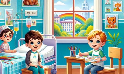 Trei personaje principale: 1. Andrei, un băiat de 8 ani cu părul brun și ochi strălucitori, stă pe un pat de spital, ținând un creion și un caiet de desen, zâmbind cu entuziasm. 2. Alex, un băiat de 7 ani cu părul blond și ochelari rotunzi, se află lângă Andrei, privindu-l cu curiozitate la desenul pe care l-a realizat, cu un zâmbet mare pe față. 3. Mihai, un băiat de 9 ani cu părul creț și un tricou colorat, stă lângă fereastră, arătând spre un curcubeu vizibil afară, cu o expresie veselă și visătoare. Locul este o cameră de spital luminoasă și primitoare, cu pereți vopsiți în albastru deschis, desene cu animale agățate și o fereastră mare care lasă să intre lumina soarelui. O mică birou din lemn este plin de creioane colorate și cărți de povești. Situația principală arată cum Andrei și Alex împărtășesc râsete și povești, în timp ce Mihai îi inspiră cu visurile sale despre trenuri, creând o atmosferă de camaraderie și speranță în mijlocul provocărilor bolii.